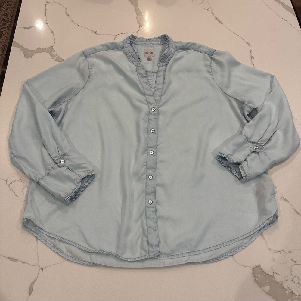 Nic + Zoe Womens Long Sleeve Ruffled Blue Chambray Shirt XXL Cottagecore Coastal
